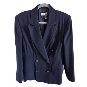 DKNY Womans Size 8 Double Breasted Wool Blazer Navy Gold buttons Preppy Nautical